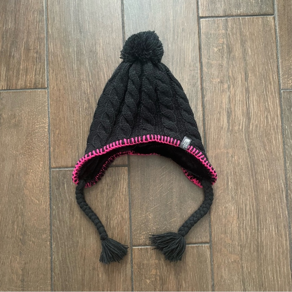 The North Face Fuzzy Beanie Girls Hat size Small Black/Pink with Pom Pom